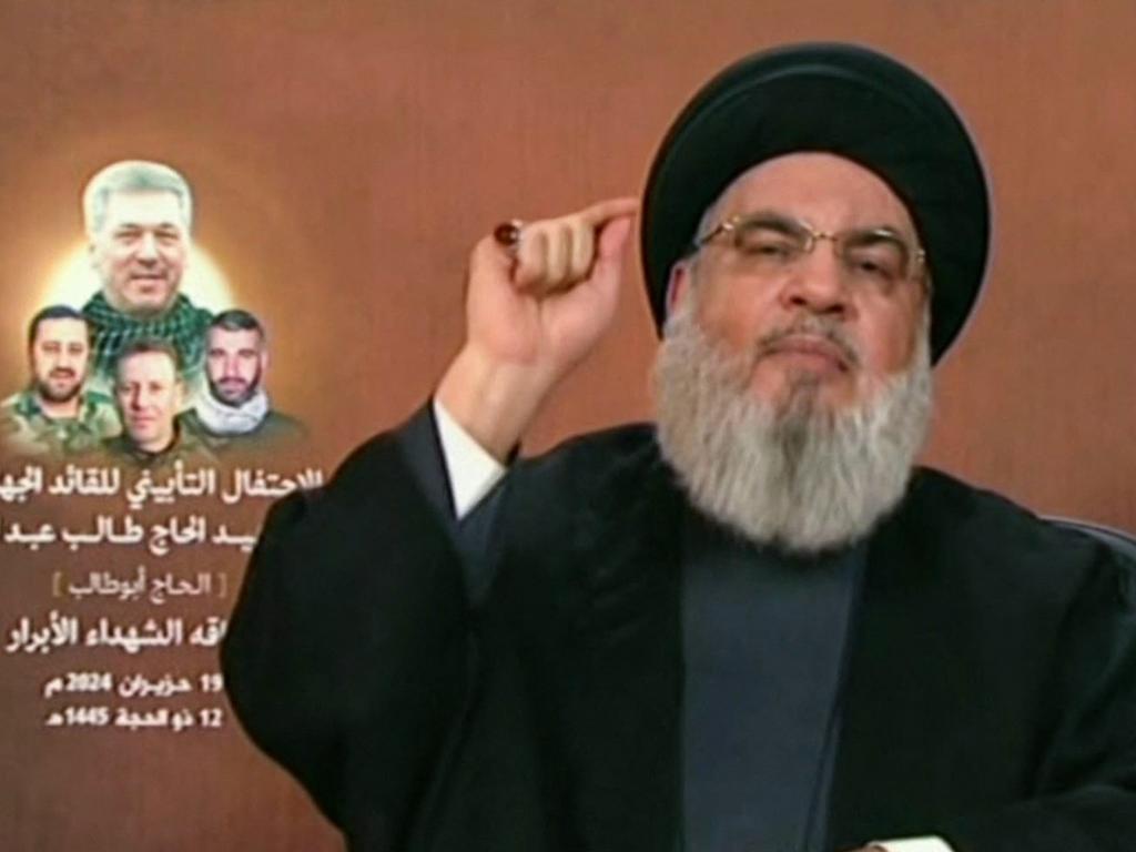 Hezbollah chief Hassan Nasrallah giving a televised address from an undisclosed location in Lebanon. Picture: Al-Manar / AFP