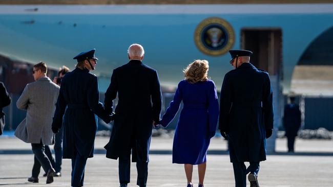 Former US President Joe Biden and former First Lady Jill Biden walk to Air Force One. Picture: AFP