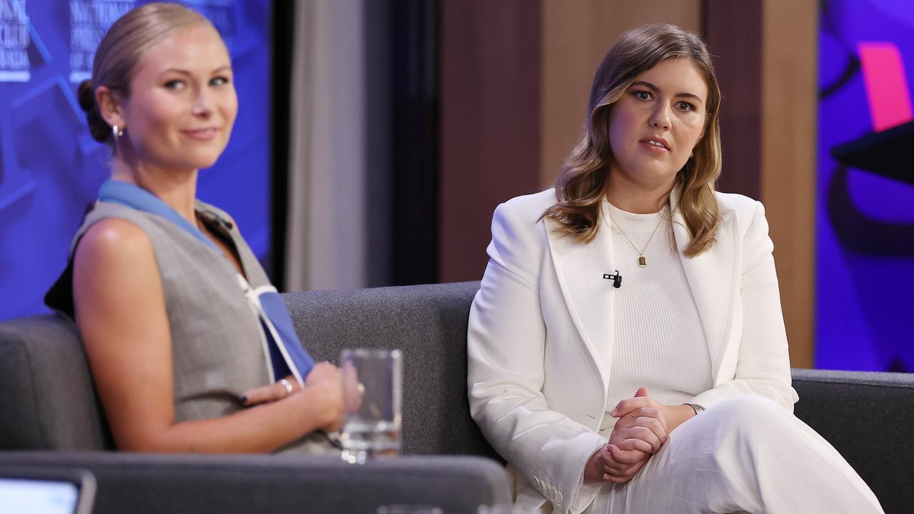 Grace Tame and Brittany Higgins at the National Press Club. Picture: NCA NewsWire/Gary Ramage