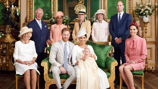 The more formal christening in 2019 of the Duke and Duchess of Sussexes son Archie with (L-R) Camilla, Charles, Doria Ragland, Lady Jane Fellowes, Lady Sarah McCorquodale, Prince William and Catherine.