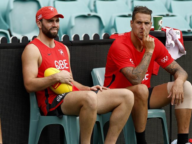 Paddy McCartin and Lance Franklin during Sydney Swans training at the SCG on April 11, 2023. McCartin is out with concussion and Franklin will miss this week after injuring his knee against Port Adelaide. Photo by Phil Hillyard(Image Supplied for Editorial Use only - **NO ON SALES** - Â©Phil Hillyard )