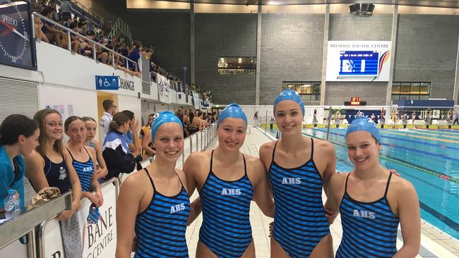 The outstanding All Hallows' relay team of Elizabeth Dekkers, Bronte Job, Joesphine Crimmins and Piper Brien at the CaSSSA swimming carnival earlier in the year.