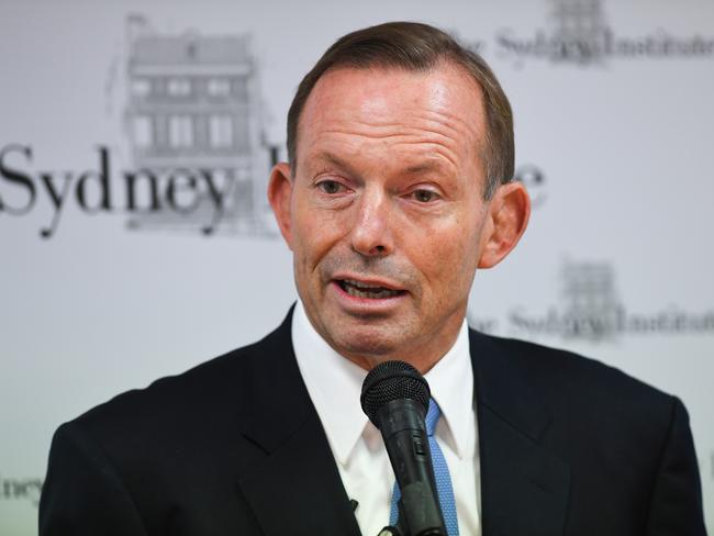 Former prime minister Tony Abbott addresses the Sydney Institute on Tuesday, February 20, 2018. (AAP Image/Brendan Esposito) NO ARCHIVING