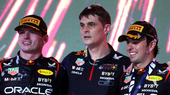 Vertsappen and Perez celebrate Red Bull’s 1-2 in Saudi Arabia with Head of Performance Engineering Ben Waterhouse. (Photo by Lars Baron/Getty Images)