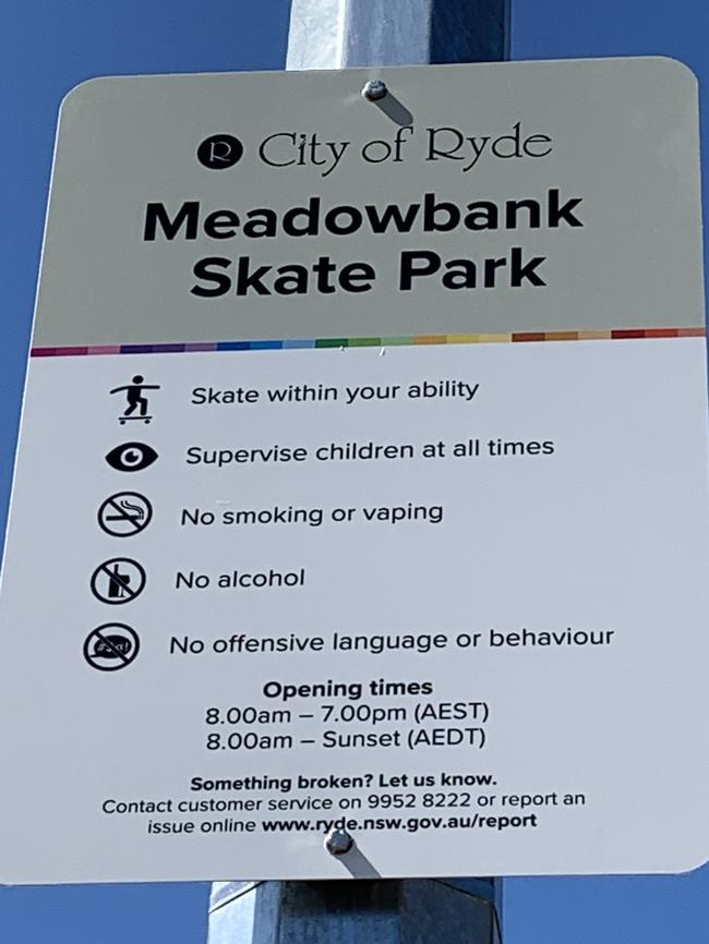 New signs at Meadowbank Skate Park read: “no smoking or vaping, no alcohol and no offensive language or behaviour.”