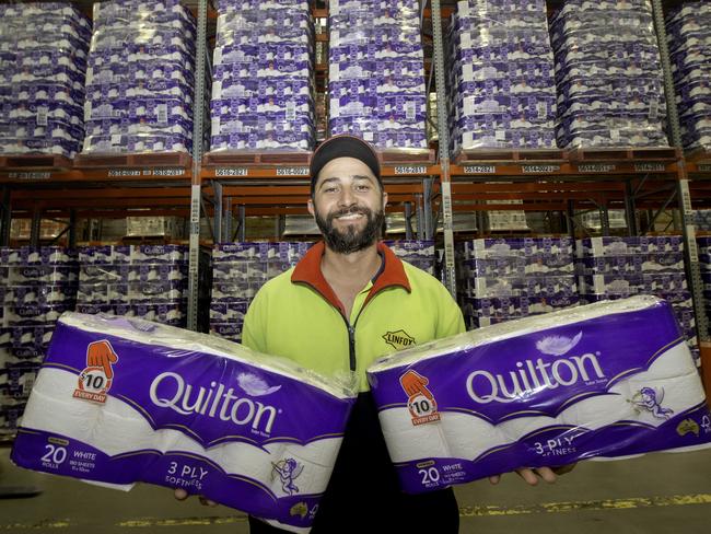 Plenty of toilet paper for everyone at the Coles distribution centre in Truganina, Melbourne. Picture: Tony Gough