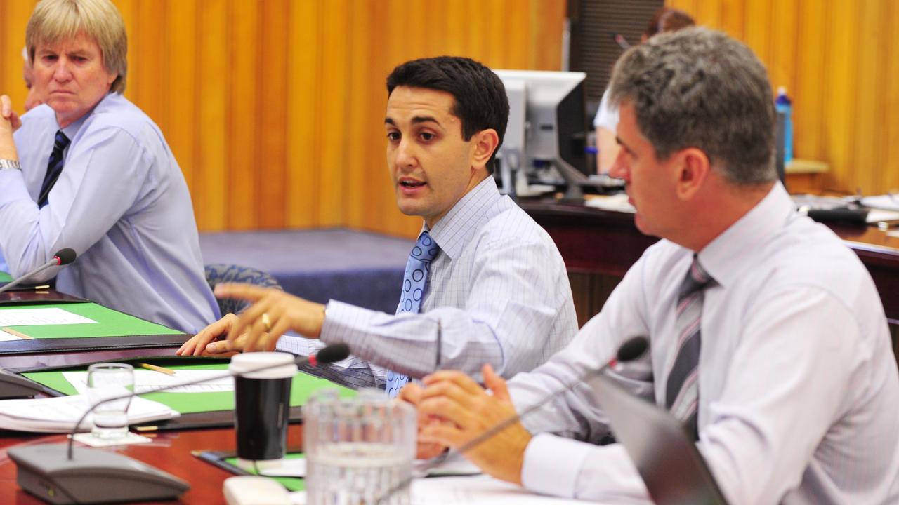 2010: Townsville City Council debate the water issues in the chamber. From (left to right) Councillors Ray Gartrell, David Crisafulli and Dale Last.