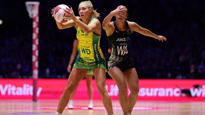 LONDON, ENGLAND - JANUARY 20: Kate Moloney of Australia Origin Diamonds holds off Mila Reuelu-Buchanan of New Zealand Silver Ferns during the Vitality Netball Nations Cup match between Australia Origin Diamonds and New Zealand Silver Ferns at OVO Arena Wembley on January 20, 2024 in London, England. (Photo by Charlie Crowhurst/Getty Images for England Netball)