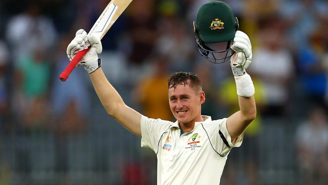 Australia’s Marnus Labuschagne celebrates scoring a century during day one of the first Test against New Zealand in Perth. Picture: Getty Images