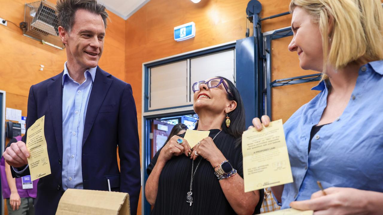 Premier of New South Wales Chris Minns and Minister for Indigenous Australians, Linda Burney, prepare to vote at Carlton South Public School. Picture: Jenny Evans/Getty Images
