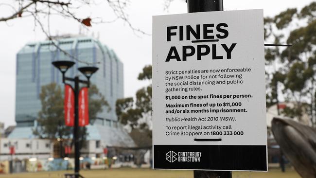 Quiet streets and social distancing signs in Bankstown after NSW Police launched a major high-visibility operation across Sydney. Picture: Jonathan Ng