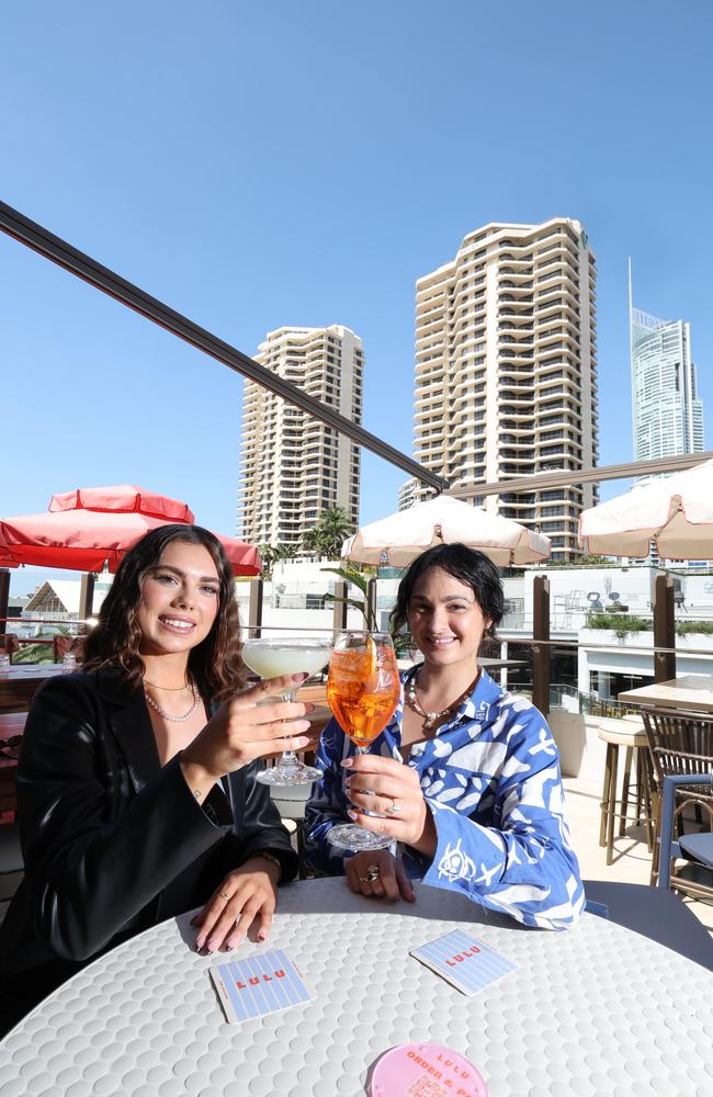 Georgia Innes and Lizzie Maric try out the Lulu Rooftop Bar and Terrace in Surfers Paradise. Picture: Glenn Hampson.