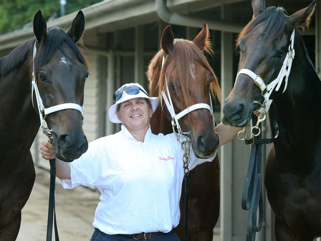 Trainer Desley Forster with three horses all running on Saturday. Cylinder beach, Too Good to Refuse and I'm Belucci. Pic Jono Searle.