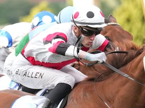 Jockey Ben Allen won the Group 2 Feehan Stakes aboard Pinstriped during a successful spring carnival. Picture: Racing Photos via Getty Images.