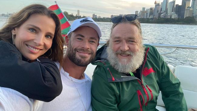 Pictures from Chris Hemsworth's Instagram of him and Elsa Pataky enjoying the South Sydney Rabbitohs win with Russell Crowe. Source: Instagram