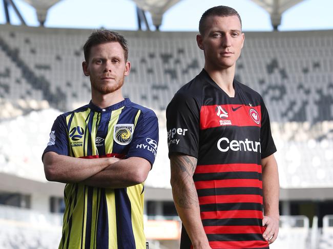 Wanderers captain Mitchell Duke (right) with Mariners midfielder Michael McGlinchey. The teams will meet in the A-League opeing round at Bankwest Stadium on October 12. Picture: Richard Dobson