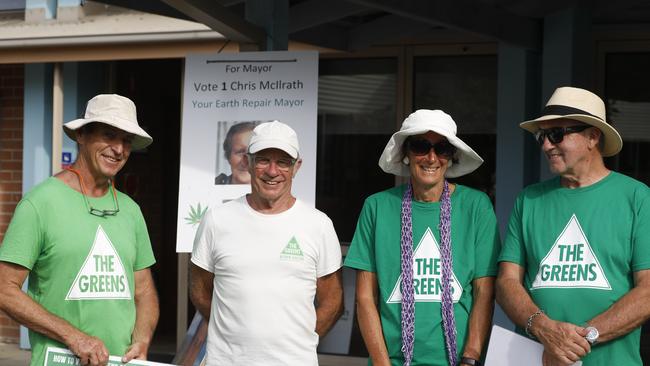 Greens mayoral candidate for Byron Duncan Dey (second from left) with supporters Garry Scott, Rae Wills and David Frappell in Mullumbimby. The Greens team is topping the votes for councillors although Mr Dey has fallen further down the ladder in the mayoral race. Picture: Liana Boss