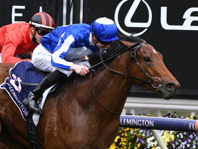 MELBOURNE, AUSTRALIA - SEPTEMBER 11: Jye McNeil riding Crystal Bound winning Race 4, the Cap D'antibes Stakes, during Melbourne Racing at Flemington Racecourse on September 11, 2021 in Melbourne, Australia. (Photo by Vince Caligiuri/Getty Images)