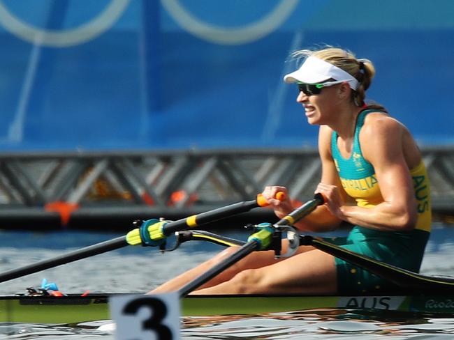 Australia's Kim Brennan after her heat on Day 1 of the Women's Single Scull at Lagoa Stadium at the Rio 2016 Olympic Games. Picture. Brett Costello