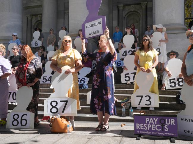 Honouring 87 Women lost to murder on steps of Parliament House. 18 January 2025. Picture: Dean Martin