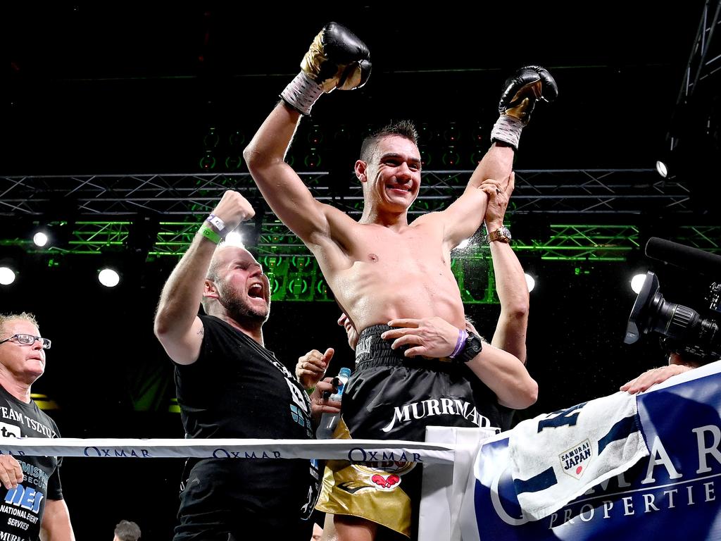 Tim Tszyu celebrates victory in his fight against Jeff Horn. (Photo by Bradley Kanaris/Getty Images)