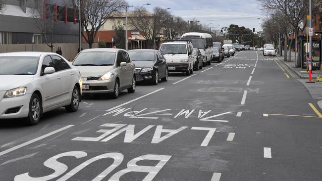 The majority of the empty buses, often flagged “not in service”, are what prompted the former Labor state government in 2012 to create bus-priority lanes on the two busy streets