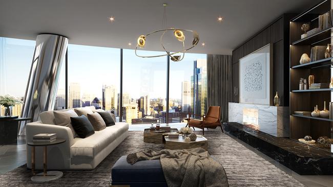 An artist’s impresion of an apartment lounge and kitchen in the Crown Resorts development at Barangaroo South.