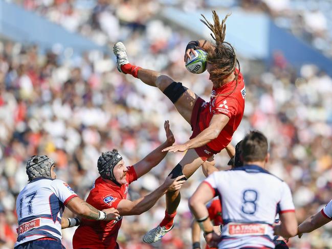 Sunwolves's Dan Pryor, catches a ball in a line out in their Super Rugby match against Melbourne Rebels in Tokyo. Picture: Kyodo News via AP