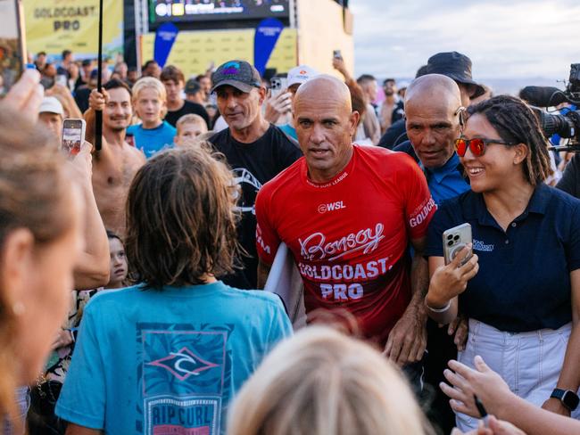 GOLD COAST, QUEENSLAND, AUSTRALIA - APRIL 27: Eleven-time WSL Champion Kelly Slater of the United States after surfing in the Snapper World Champs Heat at the Bonsoy Gold Coast Pro on April 27, 2024 at Gold Coast, Queensland, Australia. (Photo by Cait Miers/World Surf League)