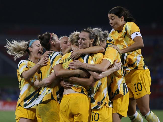 *APAC Sports Pictures of the Week - 2020, March 9* NEWCASTLE, AUSTRALIA - MARCH 06: Clare Polkinghorne of the Australian Matildas celebrates her goal with team mates during the Women's Olympic Football Tournament Play-Off match between the Australian Matildas and Vietnam at McDonald Jones Stadium on March 06, 2020 in Newcastle, Australia. (Photo by Ashley Feder/Getty Images)