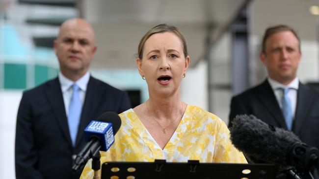 Queensland Acting Premier Steven Miles (right), Health Minister Yvette D’Ath and Chief Health Officer Dr John Gerrard during a press conference. Picture: NCA NewsWire / Dan Peled