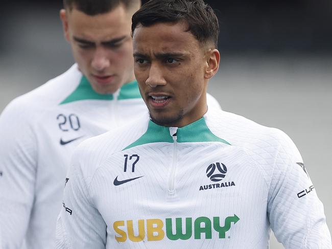 MELBOURNE, AUSTRALIA - NOVEMBER 14: Keanu Baccus of the Socceroos (C) in action during a Socceroos training session at Lakeside Stadium on November 14, 2023 in Melbourne, Australia. (Photo by Daniel Pockett/Getty Images)