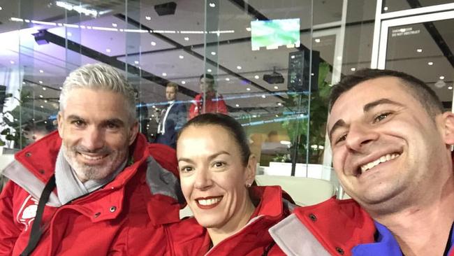 Melissa Caddick, seen with her husband Anthony Koletti (right) and retired soccer hero Craig Foster (left) vanished from her home in November after AFP and ASIC raided her business affairs. Picture: Facebook.