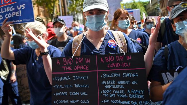 New South Wales public hospital nurses participate in a strike over staff shortages and pandemic-related stresses and strains in Sydney on February 15, 2022. Picture: Steven SAPHORE / AFP