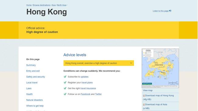 The Australian Government’s Smart Traveller website is warning travellers to “exercise a high degree of caution” in Hong Kong amid violent protests. Picture: Supplied