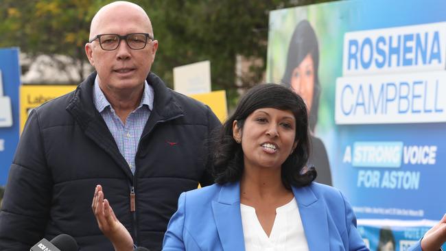 Liberal party candidate Roshena Campbell campaigning earlier today with Peter Dutton. Picture: David Crosling