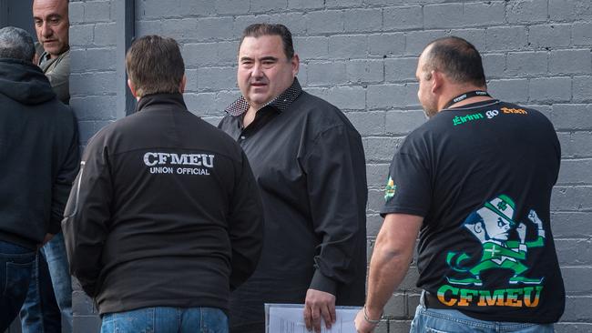 Elias Spernovasilis before entering the meeting as CFMEU workers gather at Festival hall to vote on a new pay deal. Picture: Jake Nowakowski