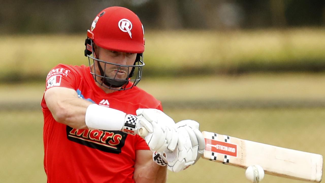 Shaun Marsh rocks onto the back foot during Melbourne Renegades’ trial match against Melbourne Stars.