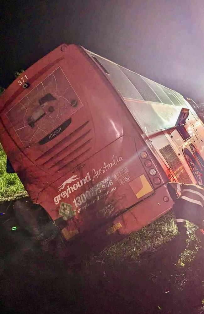 Police say a Greyhound coach was travelling about 100km/h when it crashed through a barrier while travelling southbound at Gunalda in the early hours of Monday. Photo: Contributed