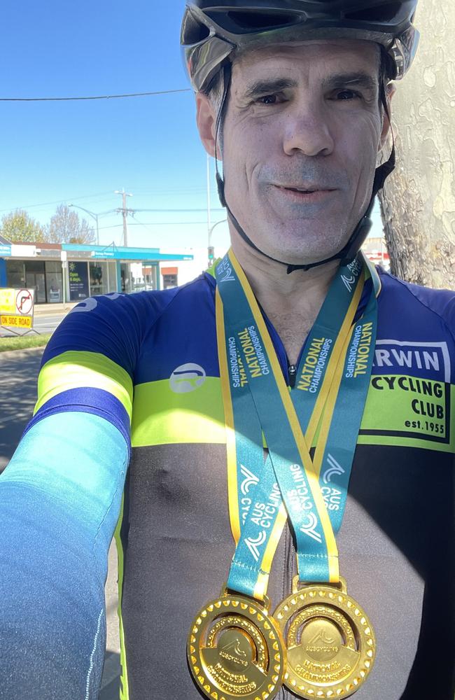 Phillip Brownscombe proudly wearing his gold medals after competing in the 2023 Cycling Masters, Shepparton, Vic. Picture: Contributed.