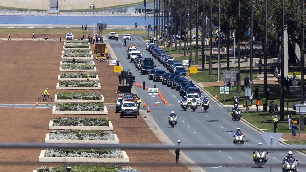 Their Majesties were greeted by members of the public at the Australian War Memorial on their way to the For Our Country memorial, in Canberra. Picture: Gary Ramage