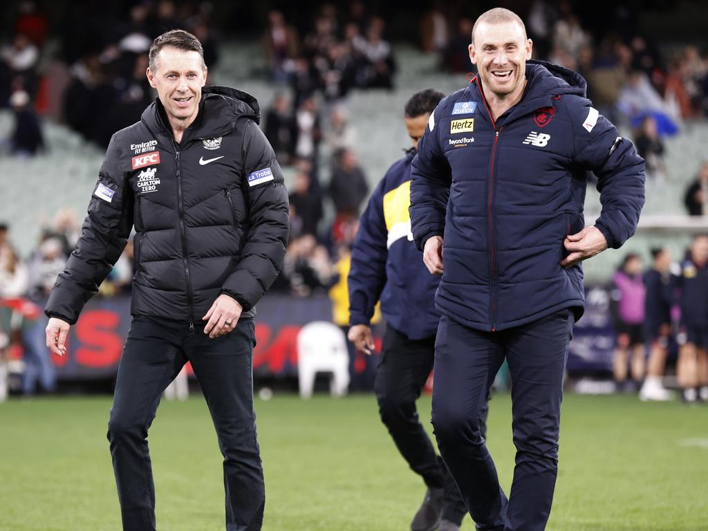 Craig McRae walk off the MCG after Friday night’s Collingwood win. Picture: Darrian Traynor/Getty Images