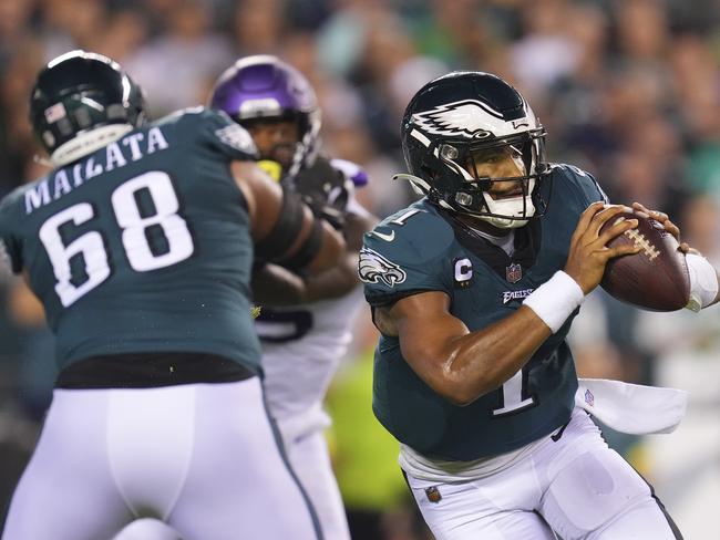 To get to Jalen Hurts, you have to go through Jordan Mailata. Picture: Mitchell Leff/Getty Images