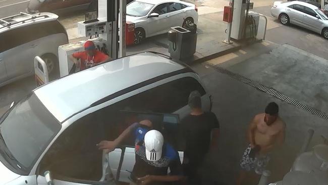 CCTV footage showed men at the Enhance Petroleum petrol station at the corner of Mia Mia St and Targo Rd. Picture: NSW Police