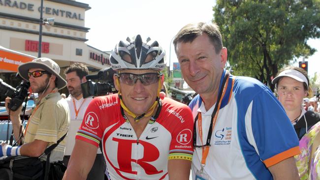 Sherwen on the start line with Lance Armstrong at the Tour Down Under.