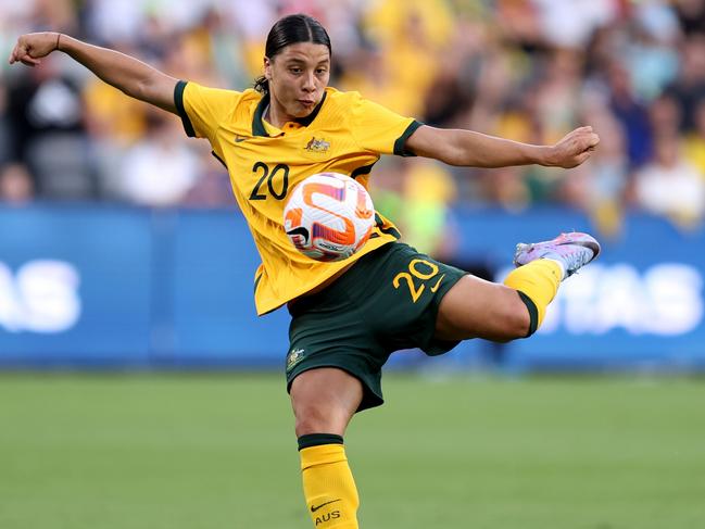 SYDNEY, AUSTRALIA - FEBRUARY 19: Sam Kerr of Australia shoots during the 2023 Cup of Nations Match between Australian Matildas and Spain at CommBank Stadium on February 19, 2023 in Sydney, Australia. (Photo by Brendon Thorne/Getty Images)