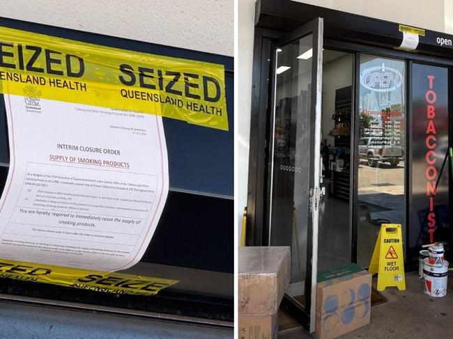 A Queensland Health closure notice taped to the front of Kirwan Tobacconist, ordering an immediate halt to the supply of smoking products. The store was shut down as part of a crackdown on illicit tobacco and vaping sales. Picture: Natasha Emeck