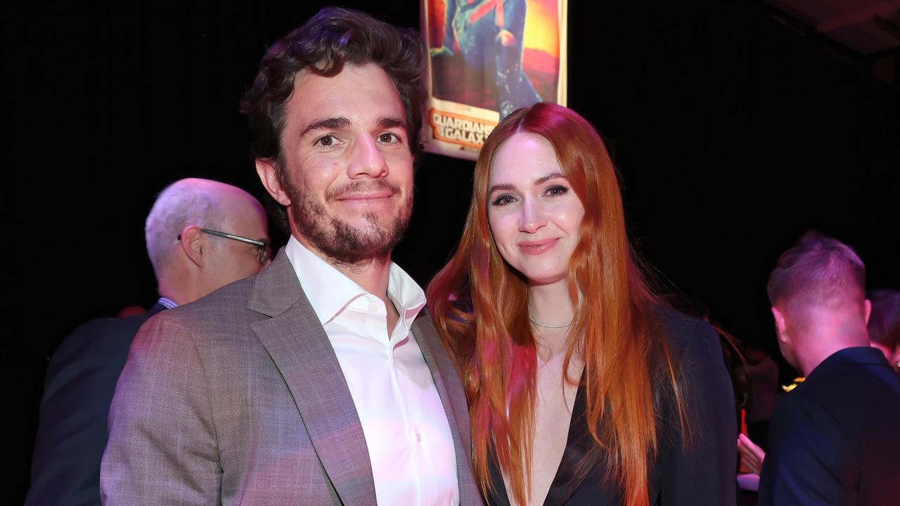 Karne Gillan and husband Nick Kocher attend the Guardians of the Galaxy Vol. 3 world premiere in Hollywood on April 27. Picture: Rich Polk/Getty Images for Disney.