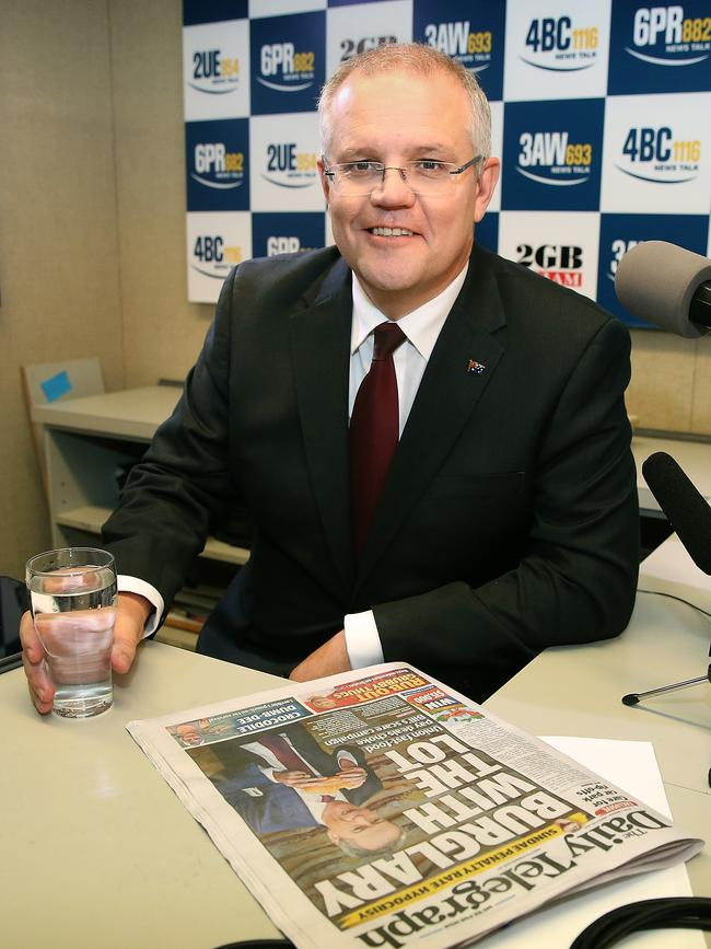 Then-Treasurer Scott Morrison in Ray Hadley’s studio all the way back in 2017. Picture: Kym Smith