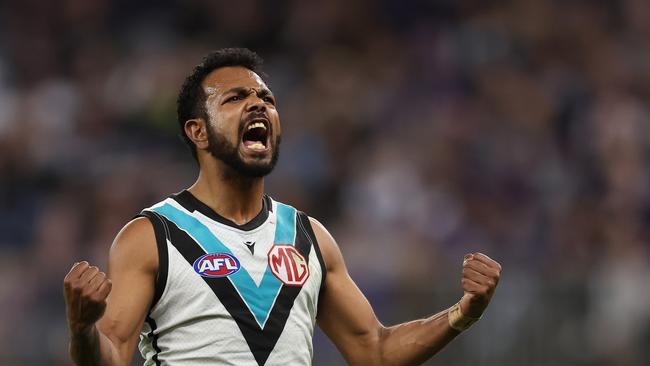 PERTH, AUSTRALIA - AUGUST 25: Willie Rioli of the Power celebrates after scoring a goal during the 2024 AFL Round 24 match between the Fremantle Dockers and the Port Adelaide Power at Optus Stadium on August 25, 2024 in Perth, Australia. (Photo by Will Russell/AFL Photos via Getty Images)